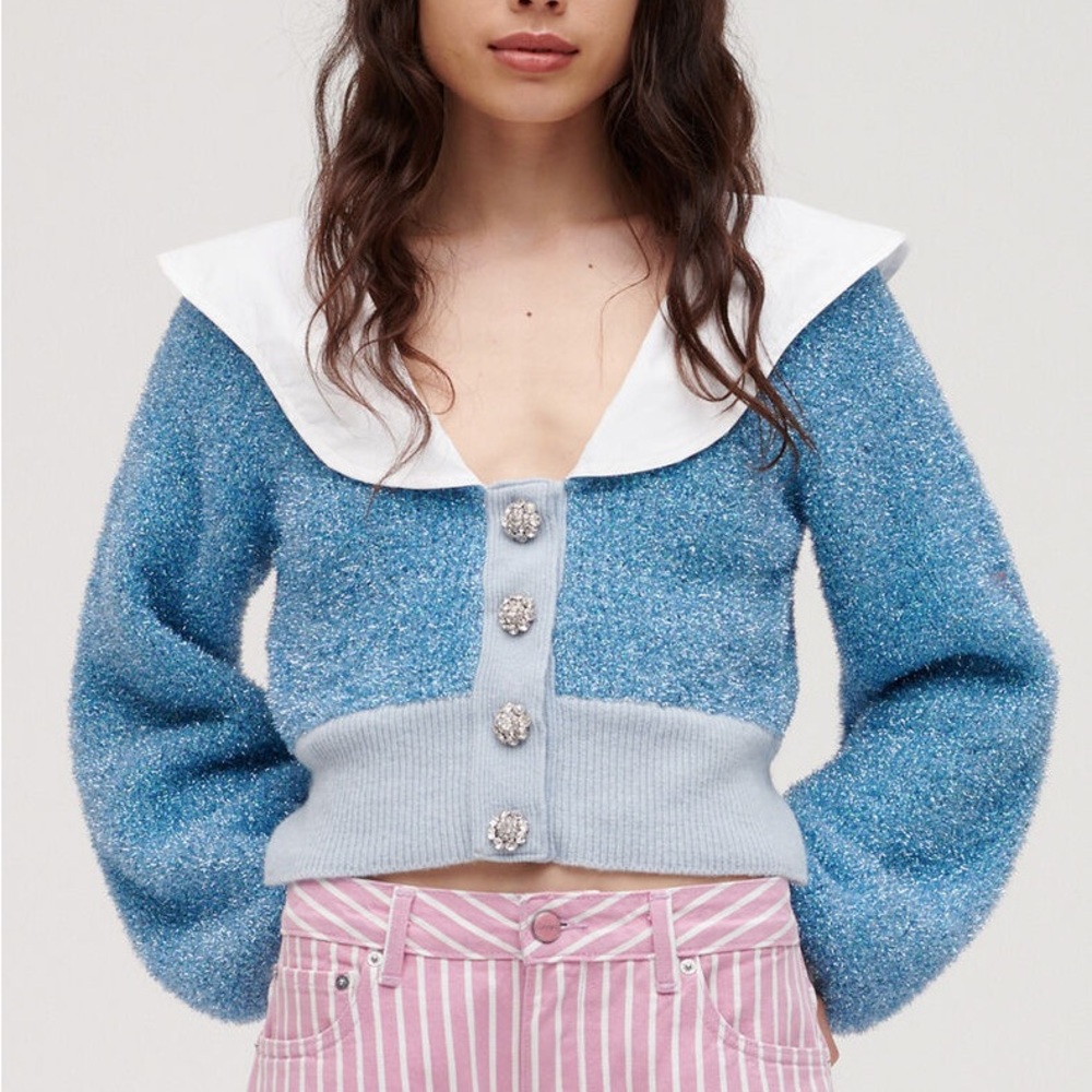 NWT GANNI blue knit poplin collar sparkle cardigan